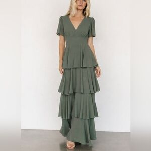 Baltic Born Sage Ruffle V- Neck Chiffon "Montaigne" Maxi Dress